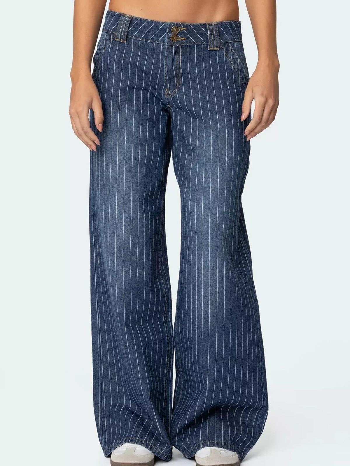 Blue striped wide leg jeans front view