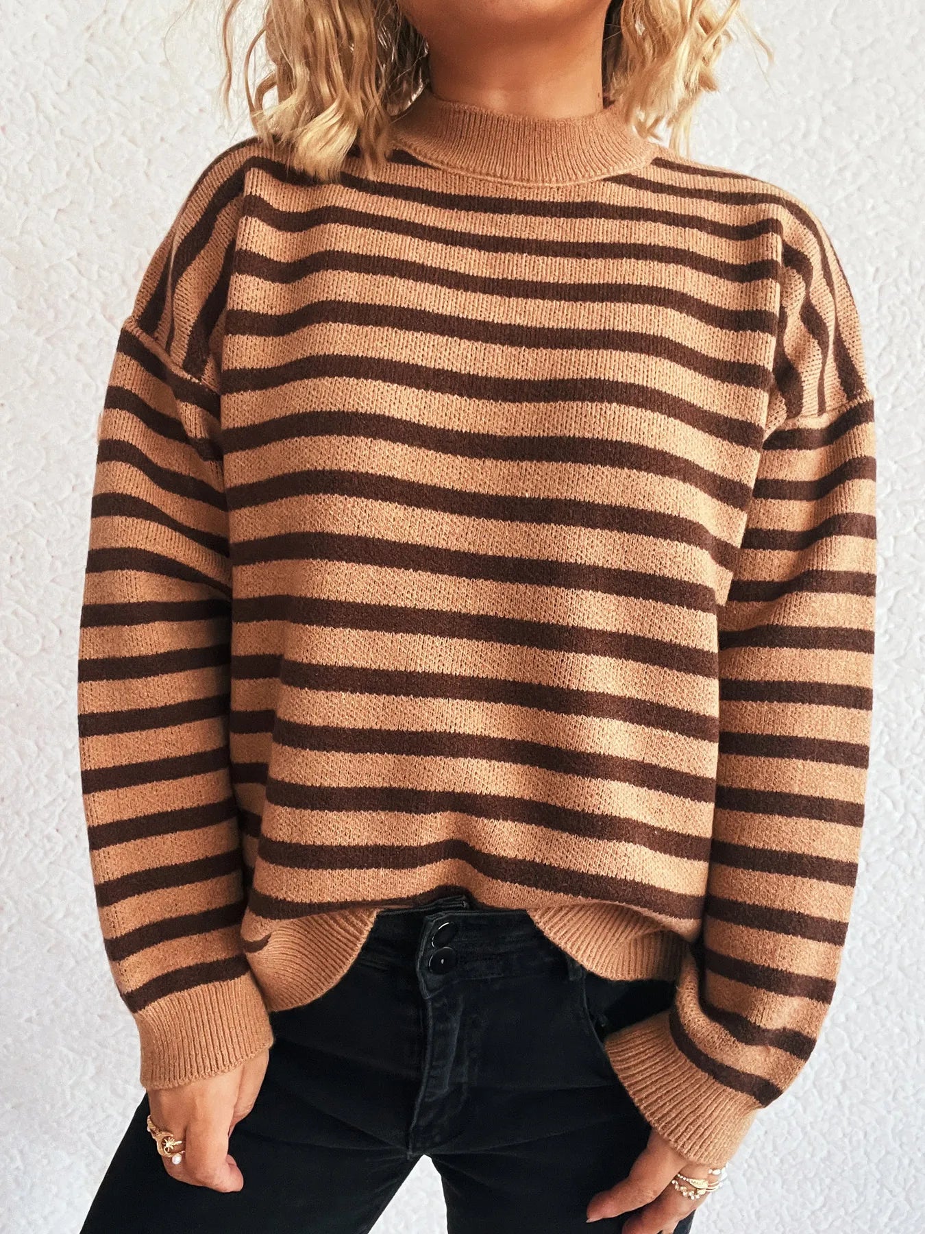 Striped Mock Neck Long Sleeve Sweater - Fashorio