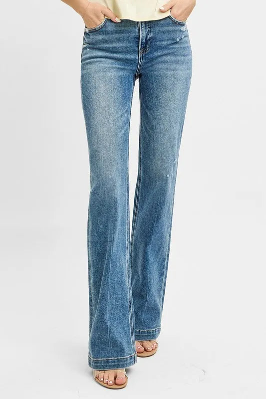 RISEN Full Size Distressed Detail Bootcut Jeans Plus Size Medium - Fashorio