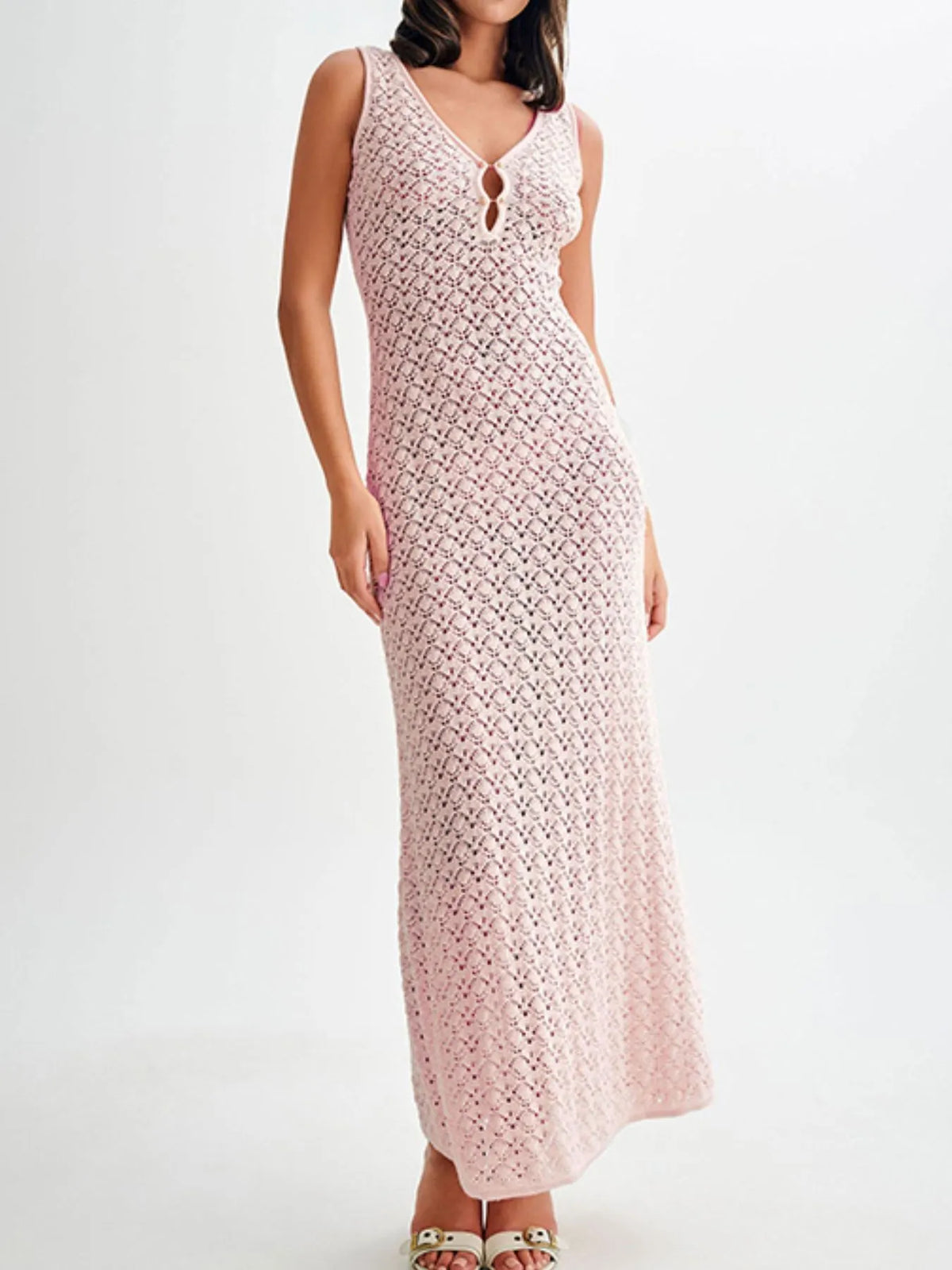 lace crochet V neck sleeveless maxi dress seated pose