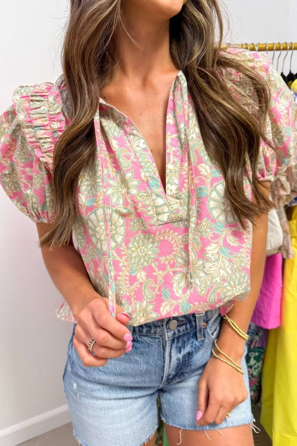 Blush pink floral puff sleeve v neck blouse detail view