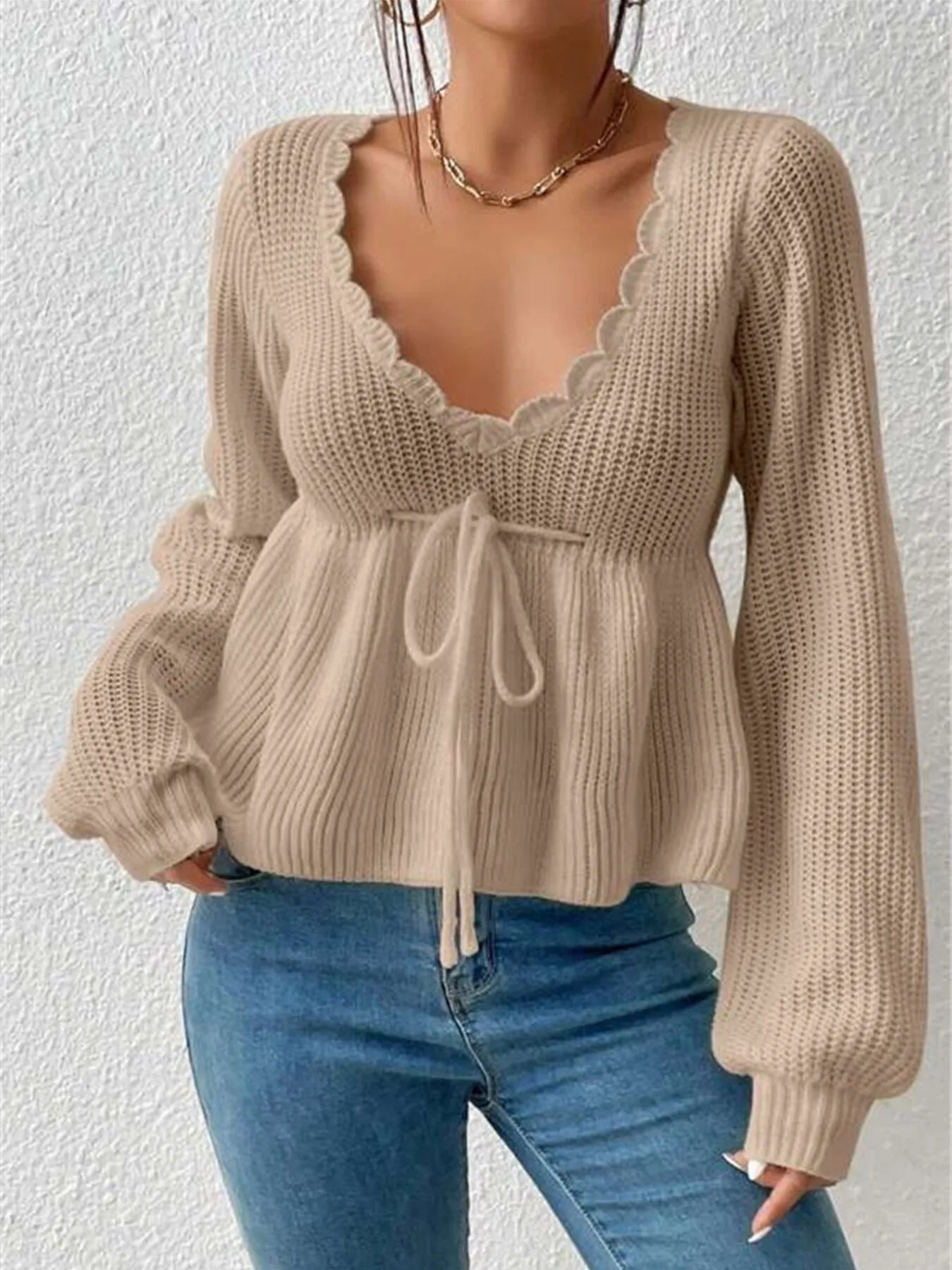 Scalloped V-Neck Drawstring Knit Top Mocha - Fashorio