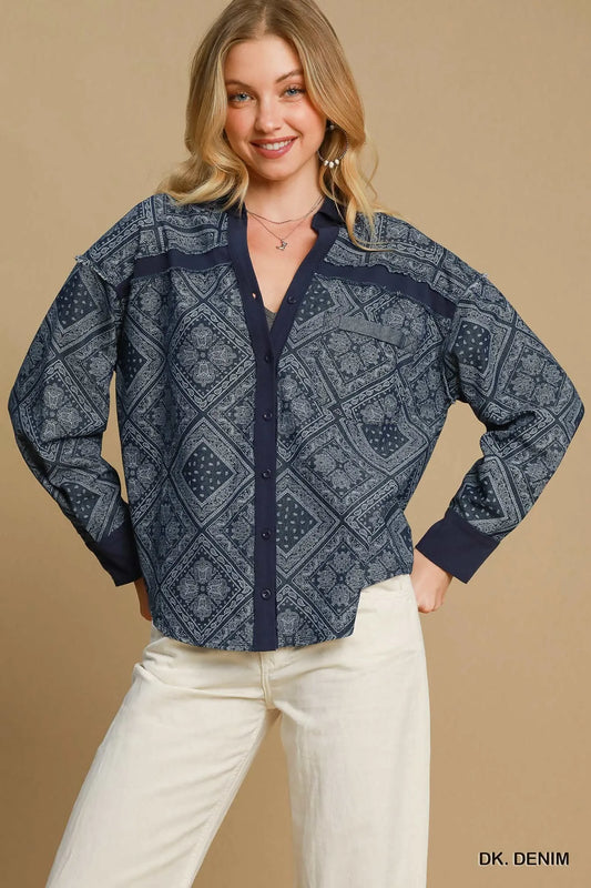 Umgee Paisley Print Denim Shirt Jacket DK. DENIM - Fashorio