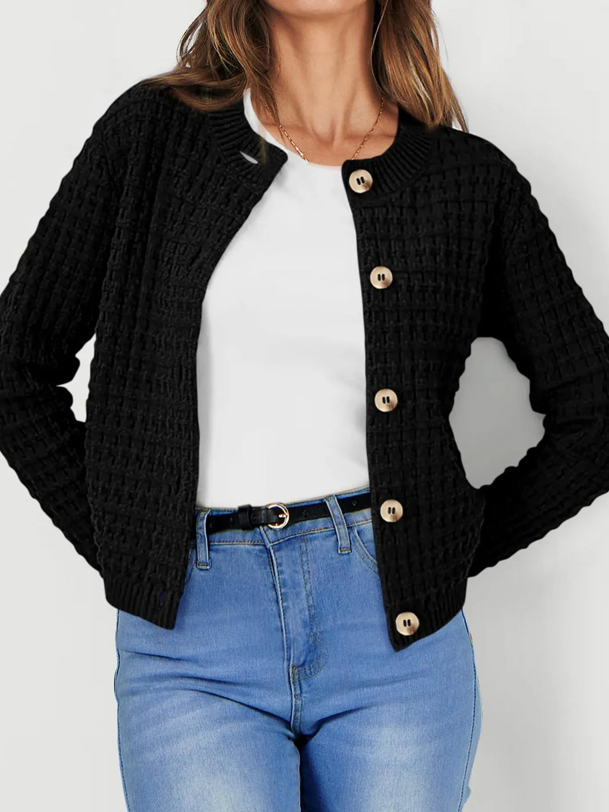 Textured knit button front cardigan, studio back view