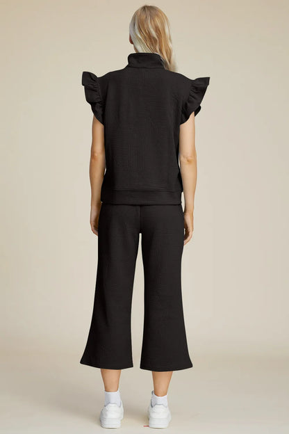 Double Take Full Size Texture Ruffle Short Sleeve Top and Wide Leg Pants Set - Fashorio