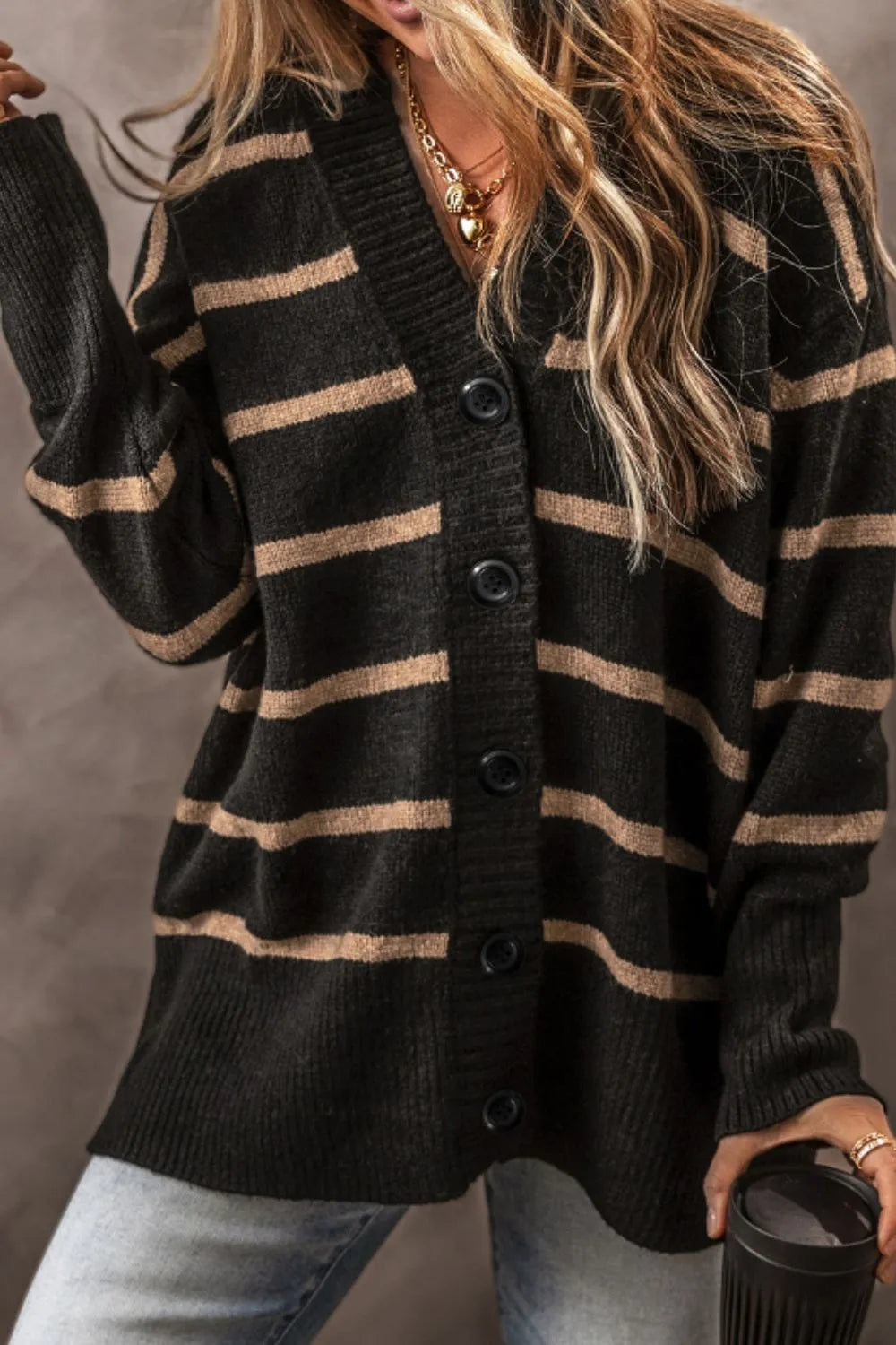 Striped Button Down Long Sleeve Cardigan - Fashorio