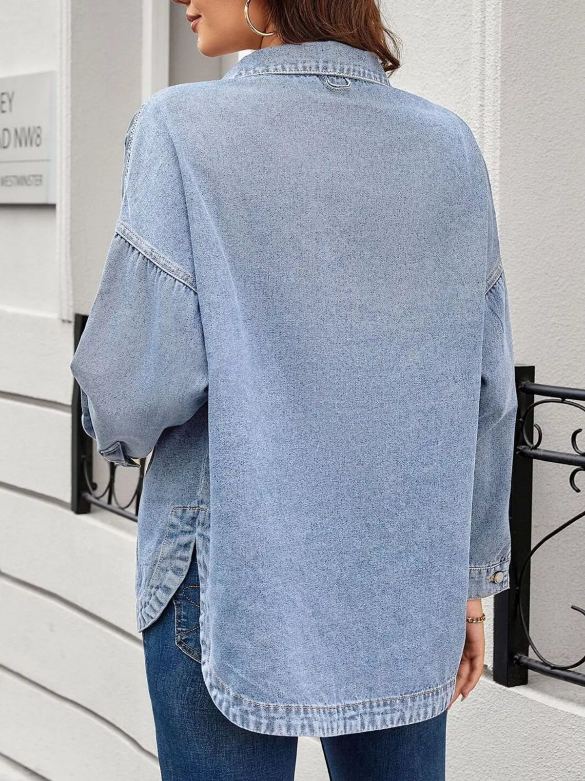 Loose Fit Button Up Denim Jacket in Light Blue side view