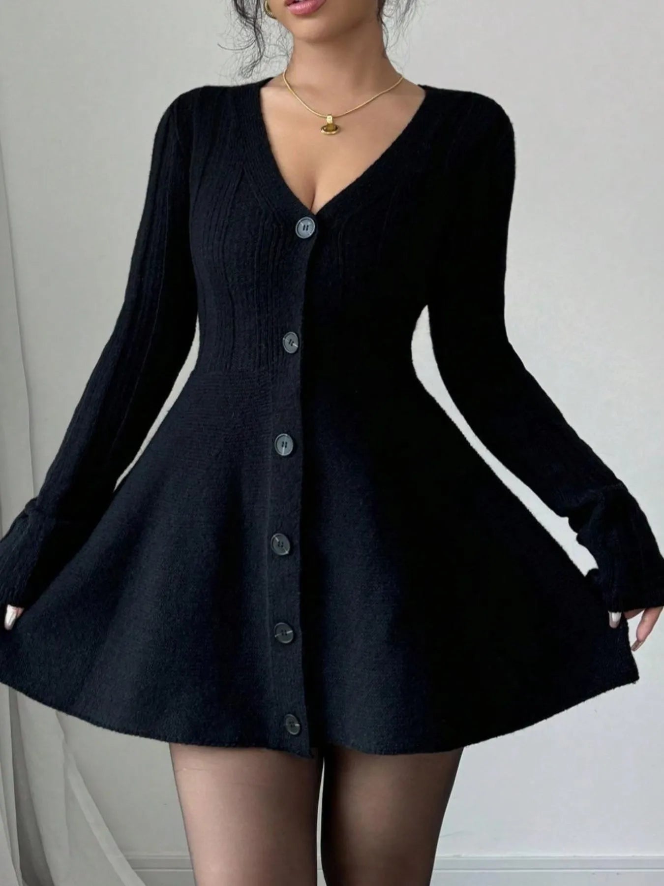 Button-Front V-Neck Knit Dress - Fashorio