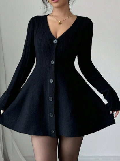 Button-Front V-Neck Knit Dress - Fashorio
