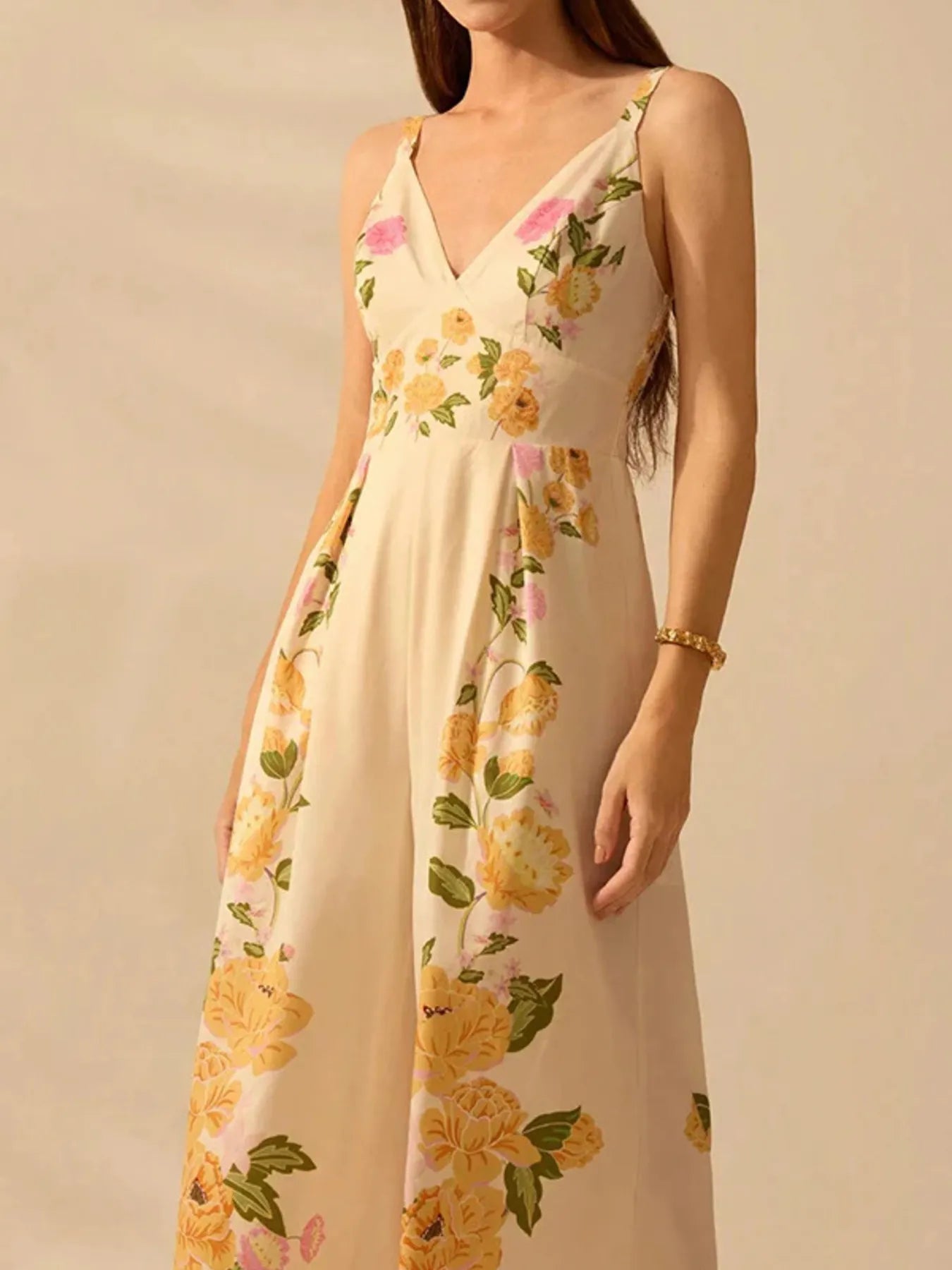 Floral Print Wide-Leg V-Neck Cami Jumpsuit - Fashorio