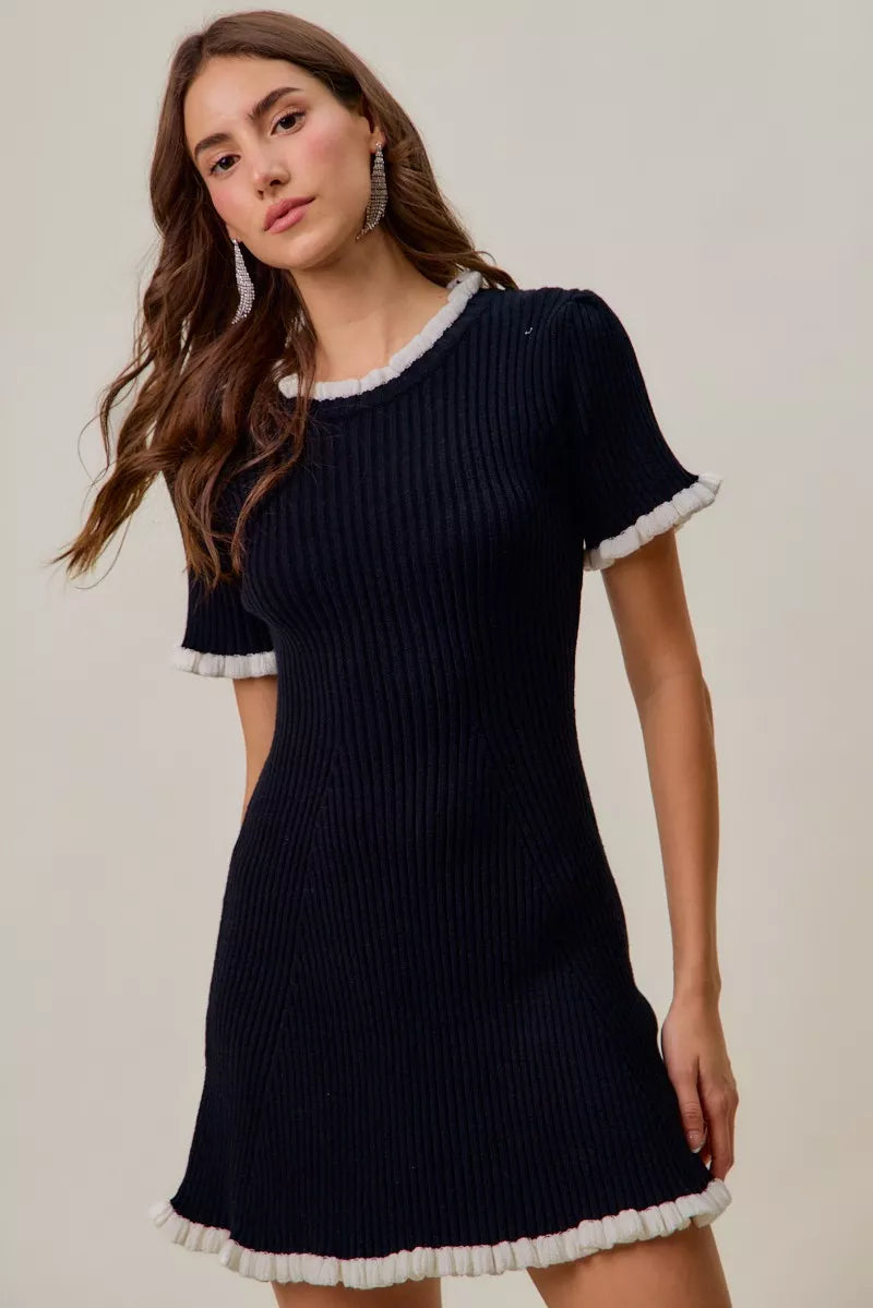 Ruffled Contrast Sweater Knit Mini Dress in Black and White on model