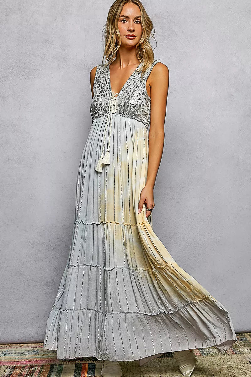 Light grey boho maxi dress tassel neckline detail