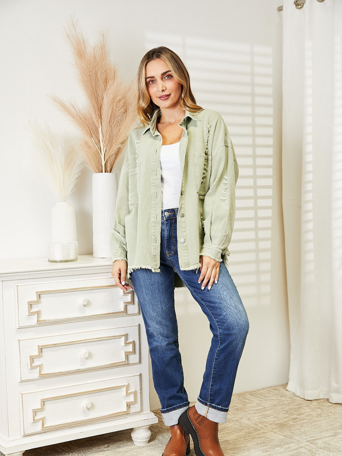 Distressed Raw Hem Denim Jacket - Fashorio