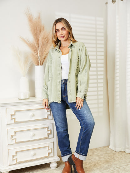 Distressed Raw Hem Denim Jacket - Fashorio