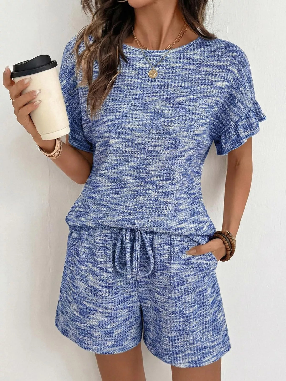 Ruffle Sleeve Textured Top and Shorts Set, view 8