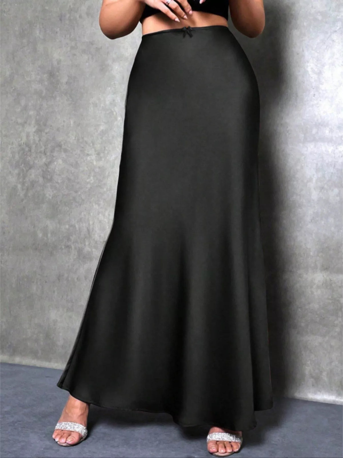 Black high waist satin maxi skirt, back view