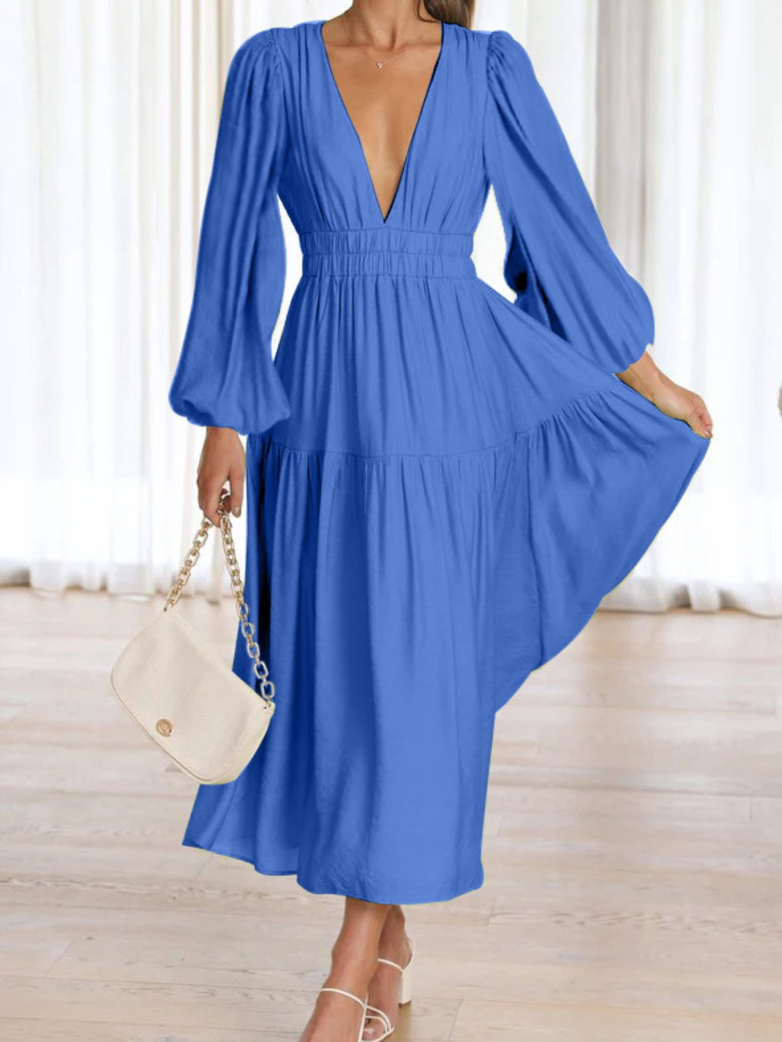 Deep V-Neck Balloon Sleeve Plain Maxi Dress - Fashorio