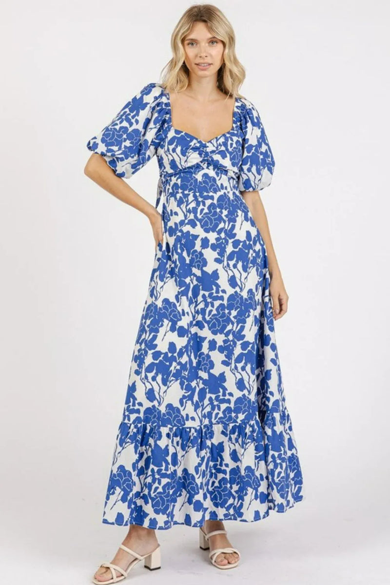Floral sweetheart neck puff sleeve dress front view