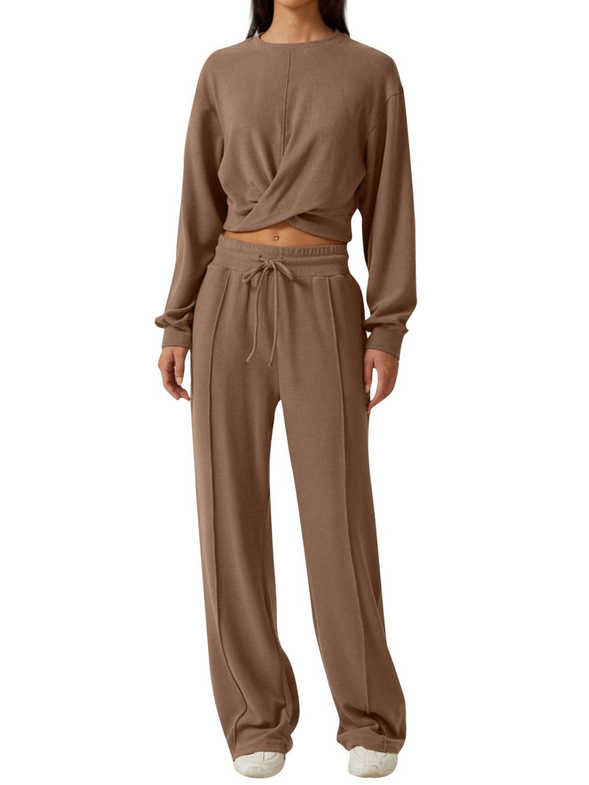 Twist front long sleeve top and pants two piece set front view