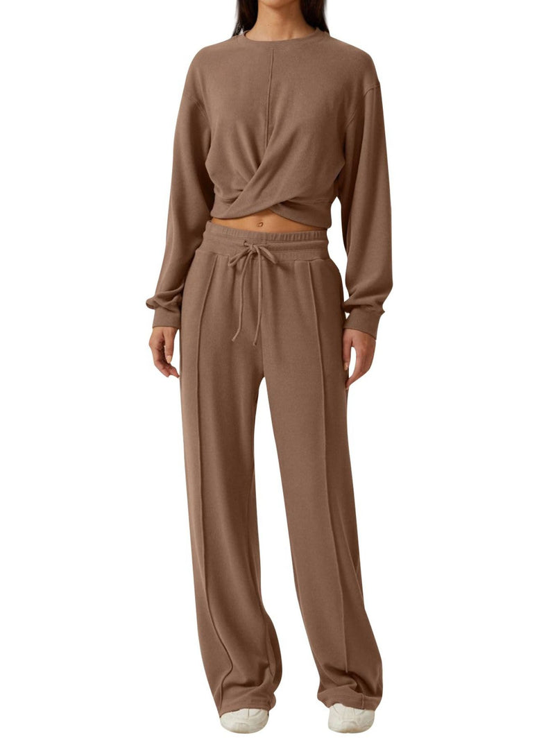 Twist front long sleeve top and pants two piece set front view