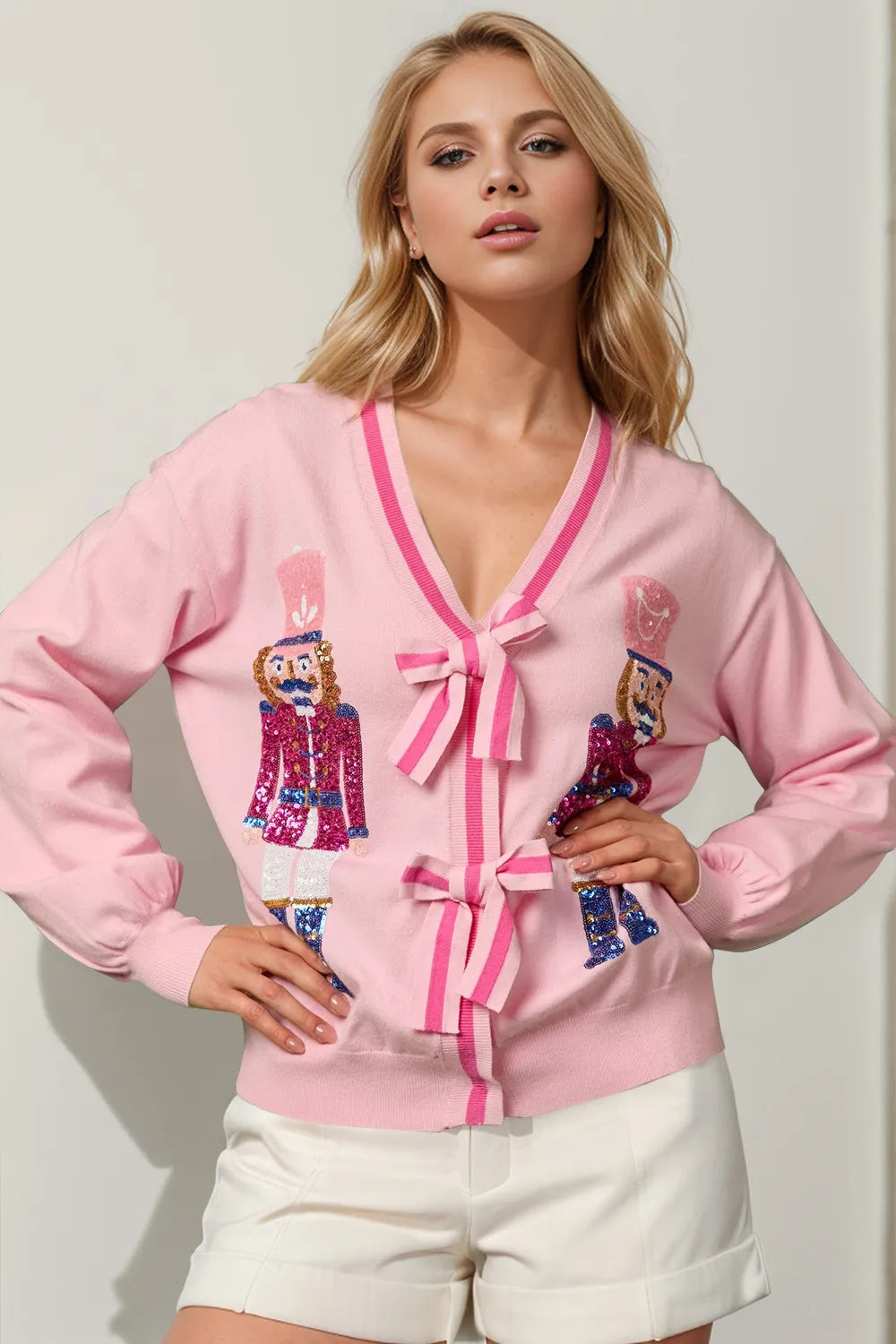 Sequin bow cardigan open front view