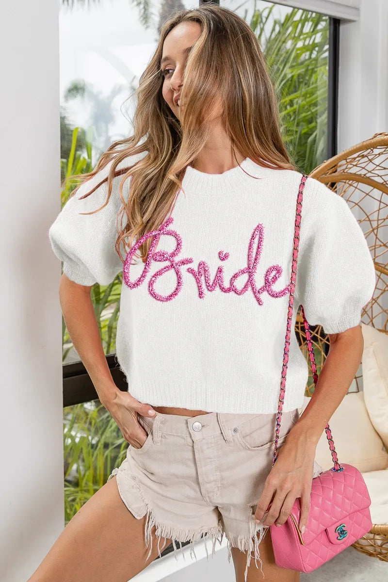 Metallic Letter Fuzzy Puff Sleeve Top in Ivory detail