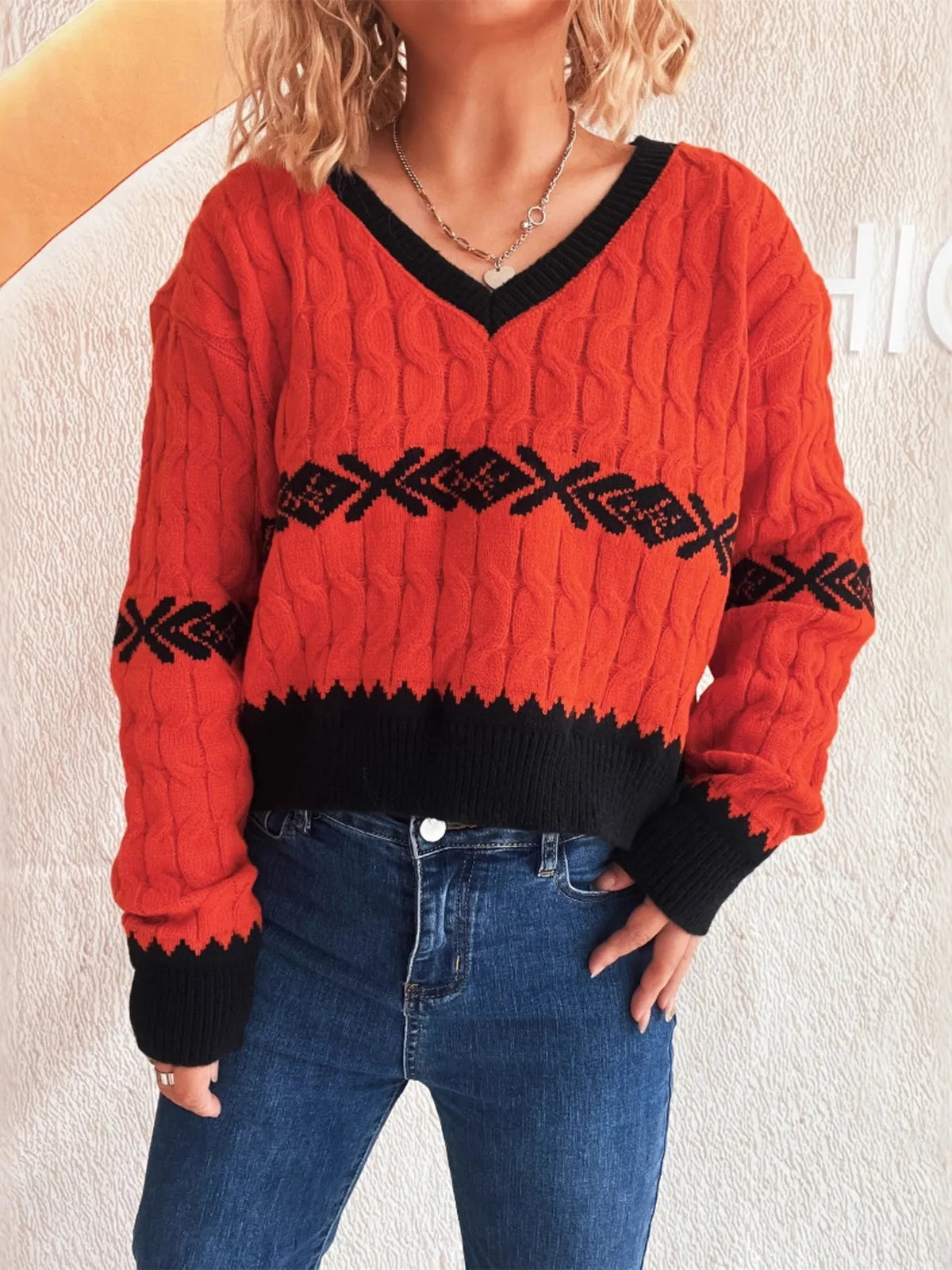 Cable Knit V Neck Sweater back view