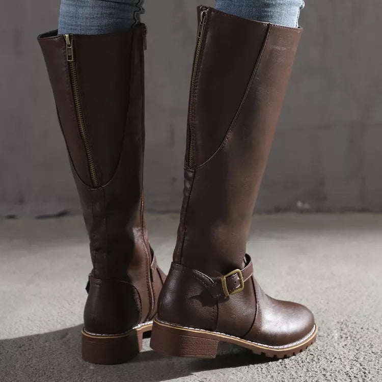 Round toe block heel boots top opening view