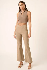 Mittoshop Surplice V Waist Flare Pants Mocha - Fashorio