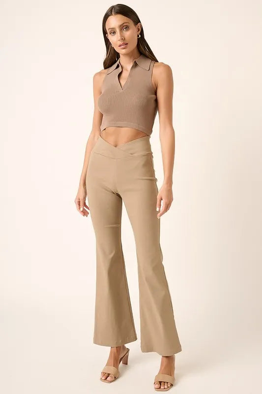 Mittoshop Surplice V Waist Flare Pants Mocha - Fashorio