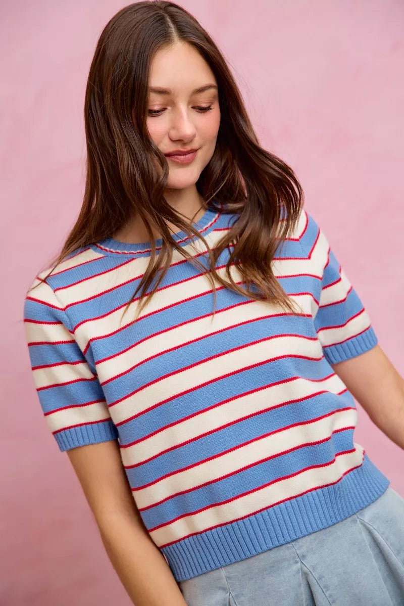 Short sleeve striped sweater top front pose