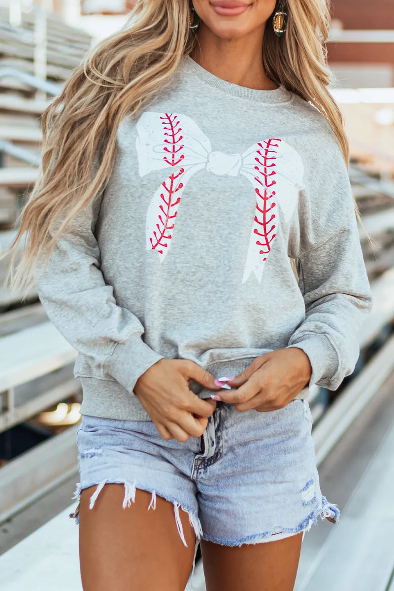 Grey bow graphic long sleeve sweatshirt front