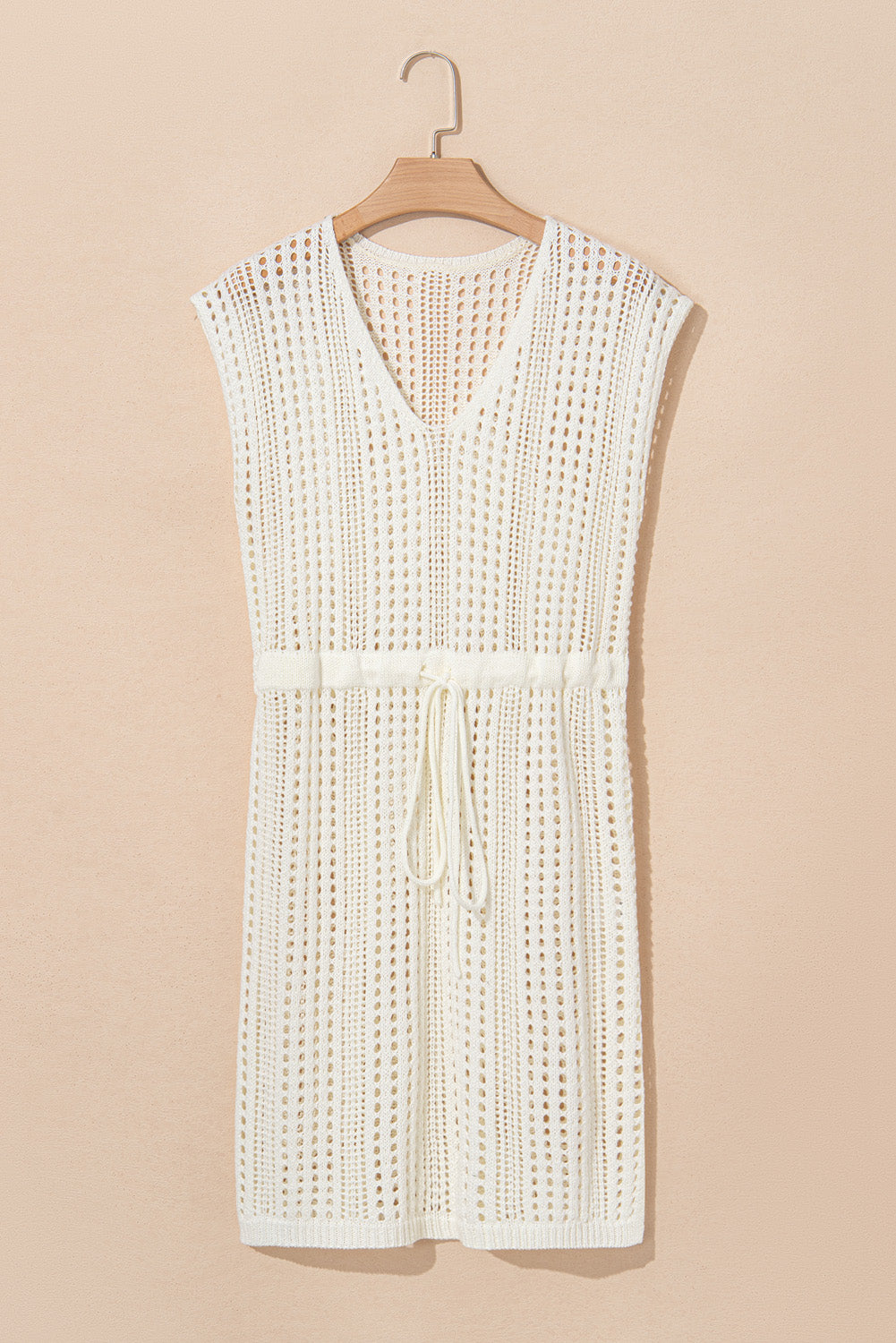 Beige beach cover up dress back view open knit