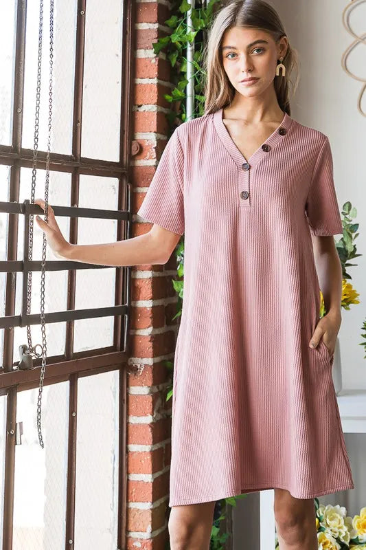 Solid Ribbed Mini Dress with Button close up