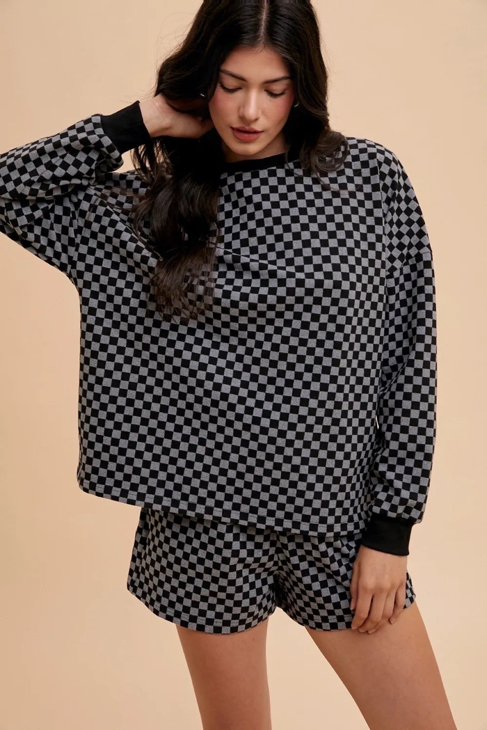 Annie Wear Checkered Round Neck Top and Drawstring Shorts Set - Fashorio