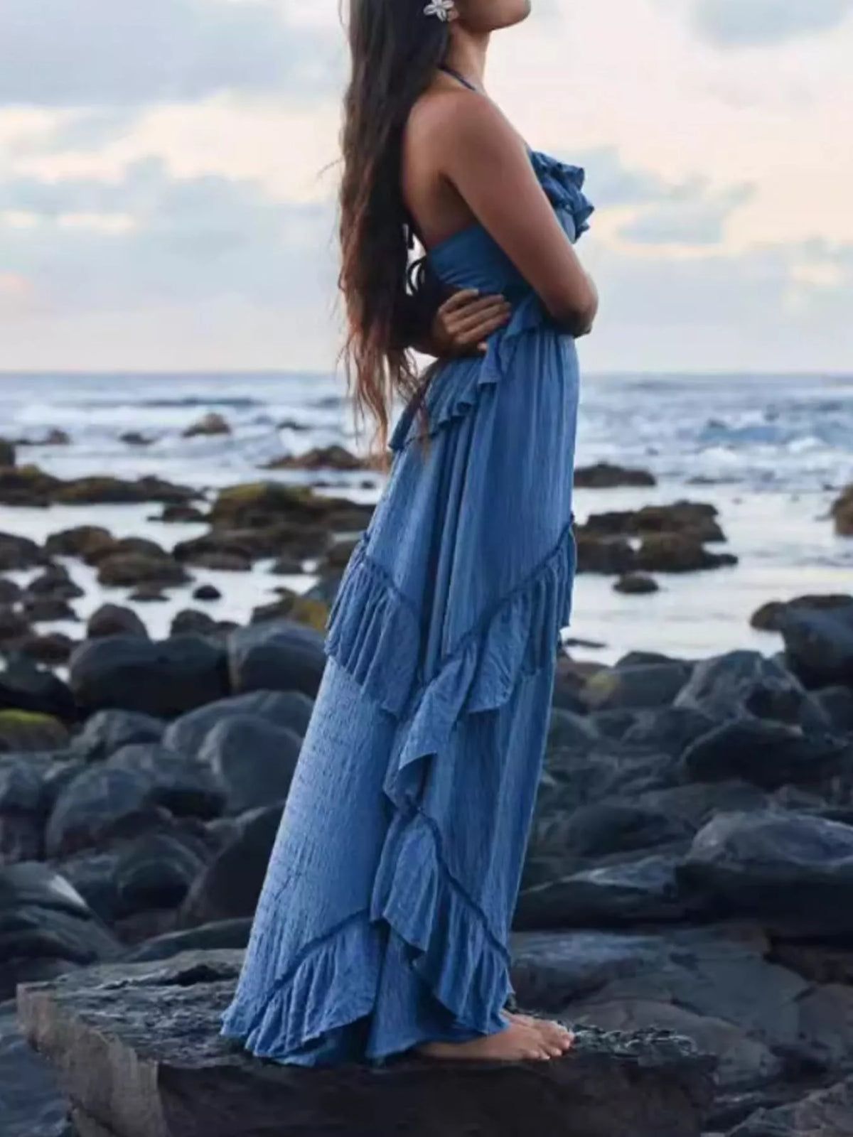 Ruffled tie halter neck maxi dress full length view