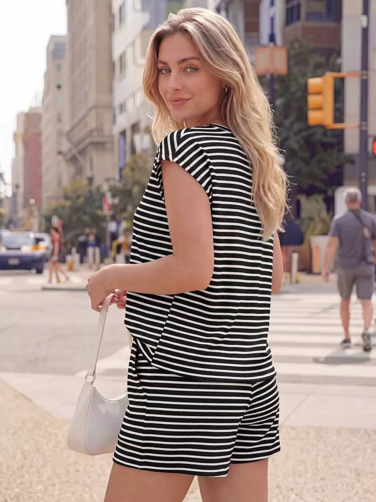 Womens coordinated striped two piece set with pockets