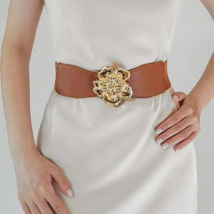 Flower Alloy Buckle Elastic Belt Caramel One Size - Fashorio