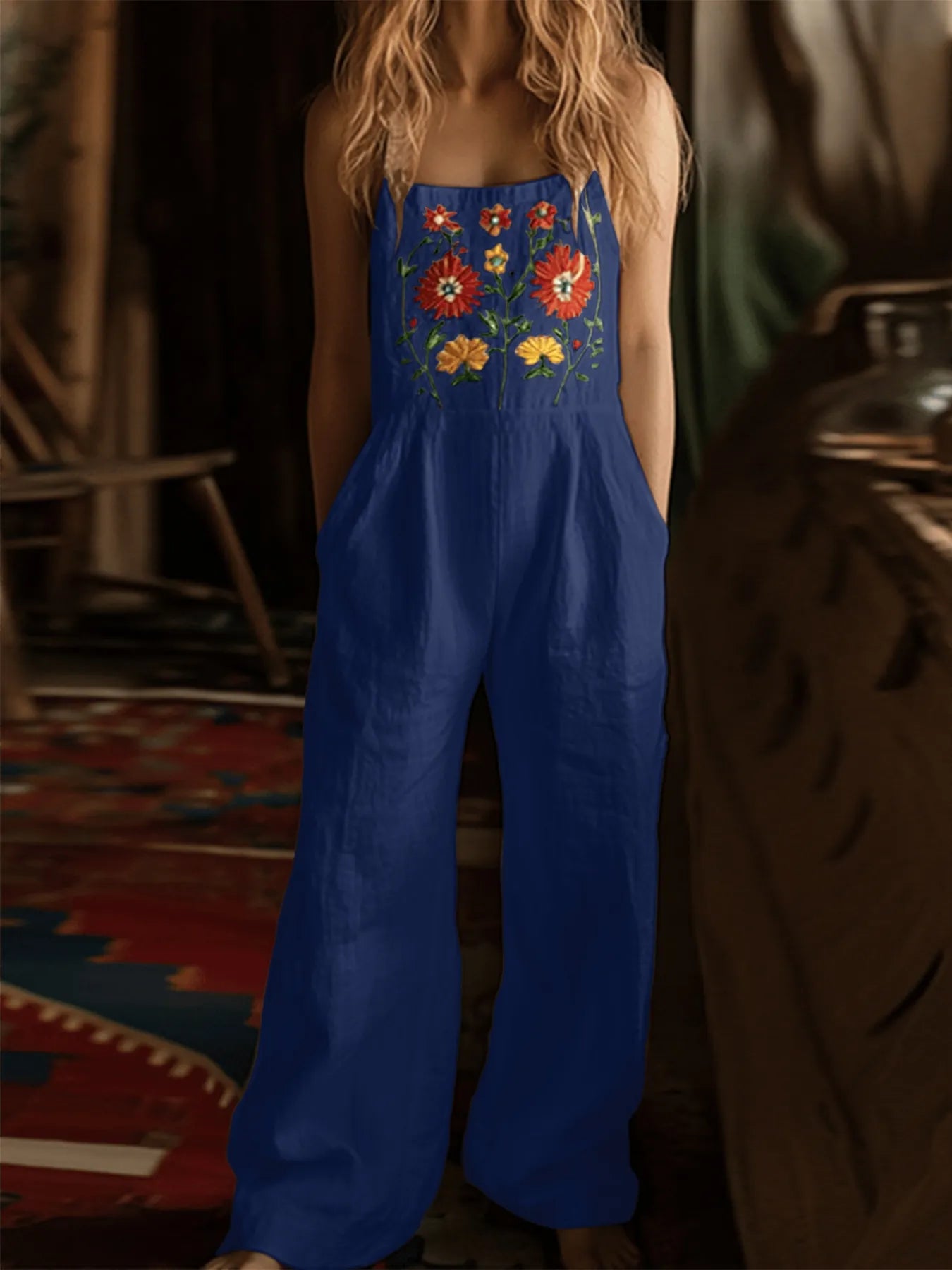 Floral Embroidered Wide Leg Jumpsuit - Fashorio