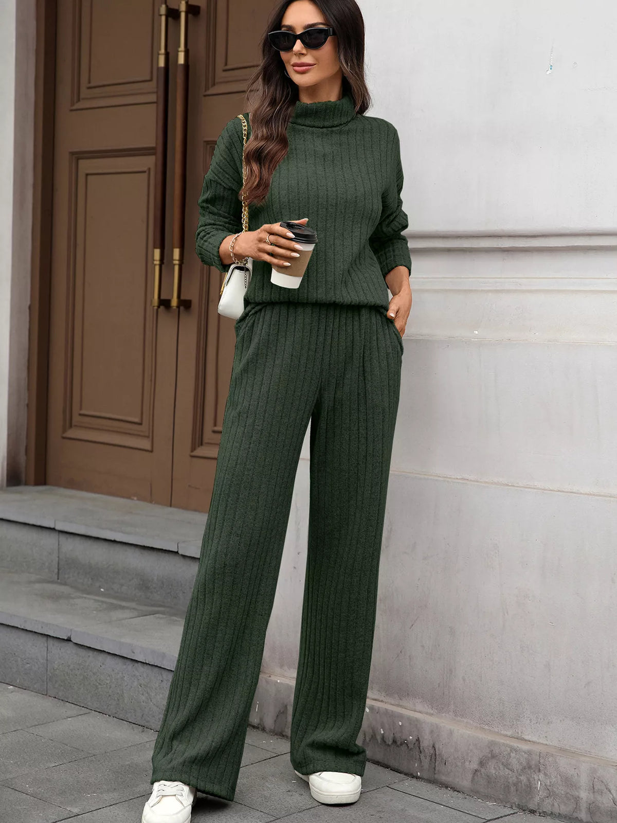Ribbed turtleneck top and pants set styled with denim