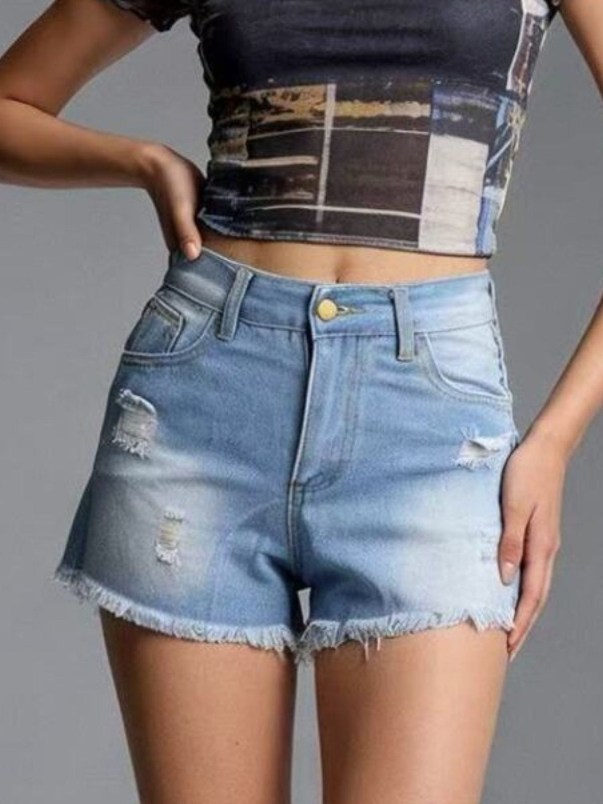 Three quarter view of the summer denim shorts