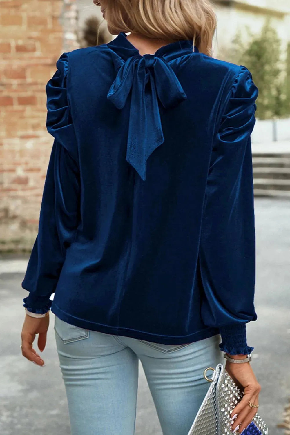 Tie Up Mock Neck Velvet Fabric Long Sleeve Blouse - Fashorio