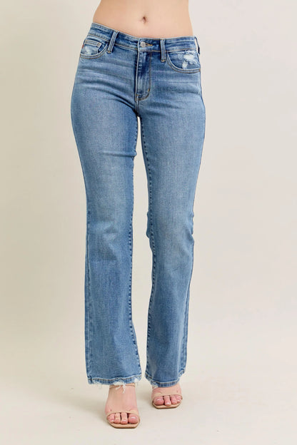 Judy Blue Full Size Mid Rise Wash Destroy Hem Bootcut Jeans Plus Size MD - Fashorio