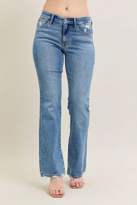Judy Blue Full Size Mid Rise Wash Destroy Hem Bootcut Jeans Plus Size MD - Fashorio