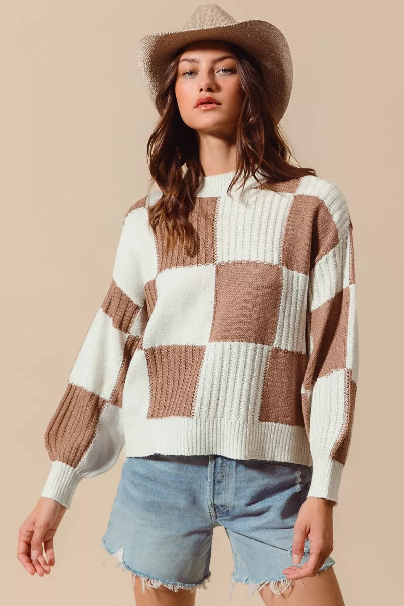 Ribbed Checkered Plaid Color Block Sweater in Coffee and Ivory on model