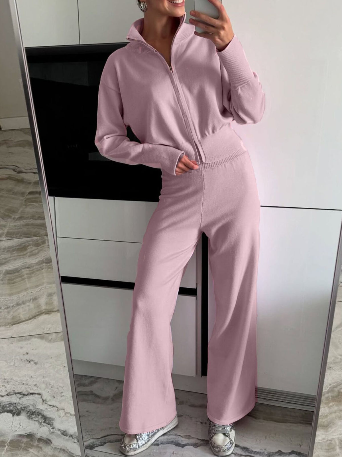 Zip Up Outerwear and Wide Leg Pants Set, view 14