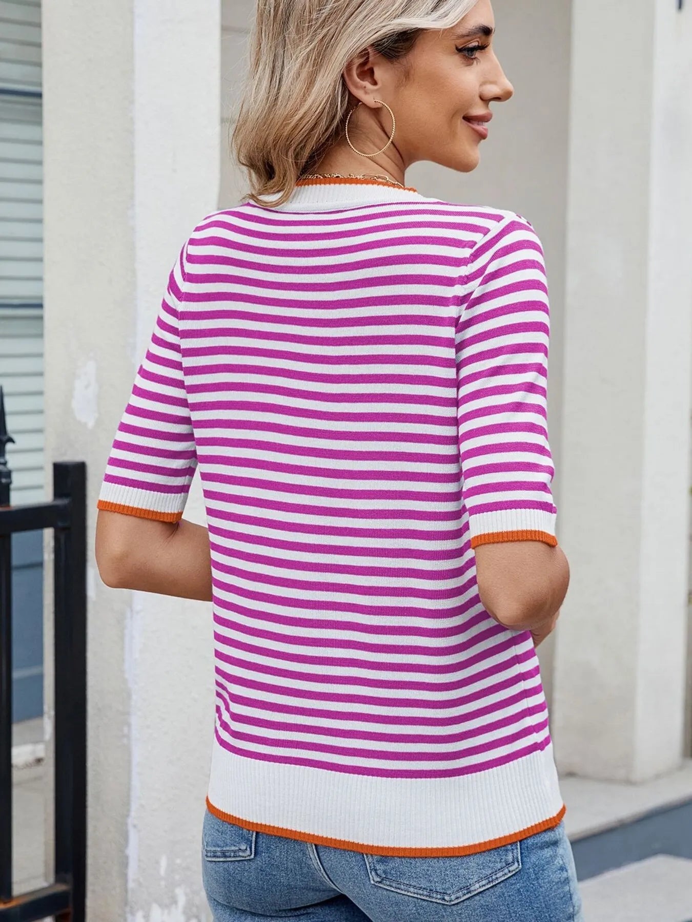 Striped Casual T-Shirt with Contrast Trim - Fashorio