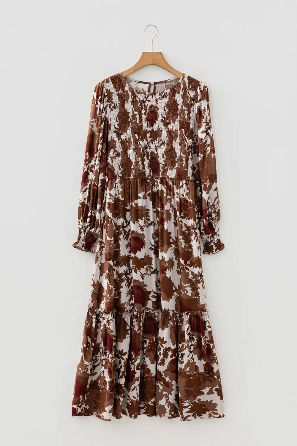 Full length view of the coffee brown floral maxi dress