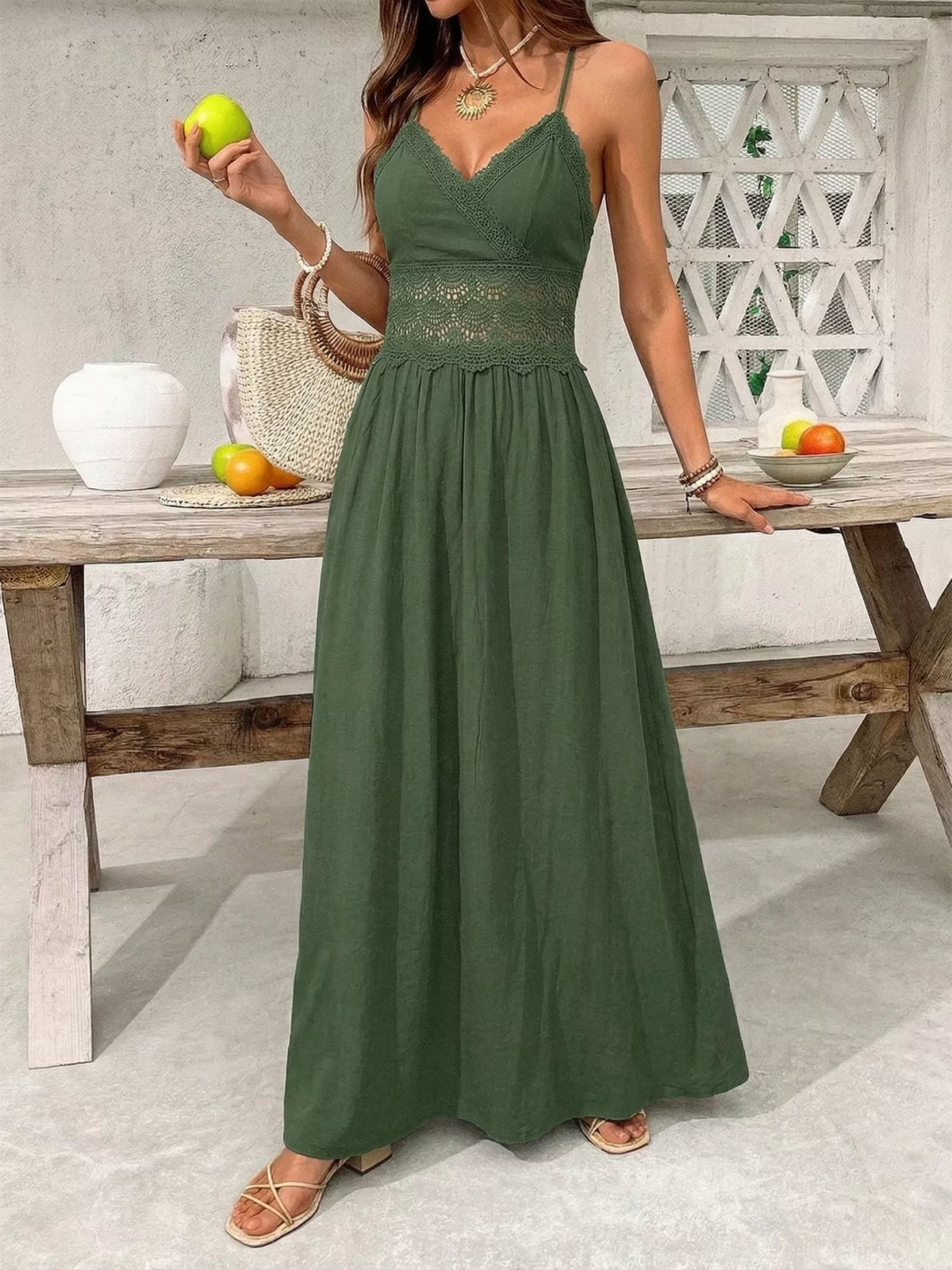 Lace trim spaghetti strap maxi dress front view