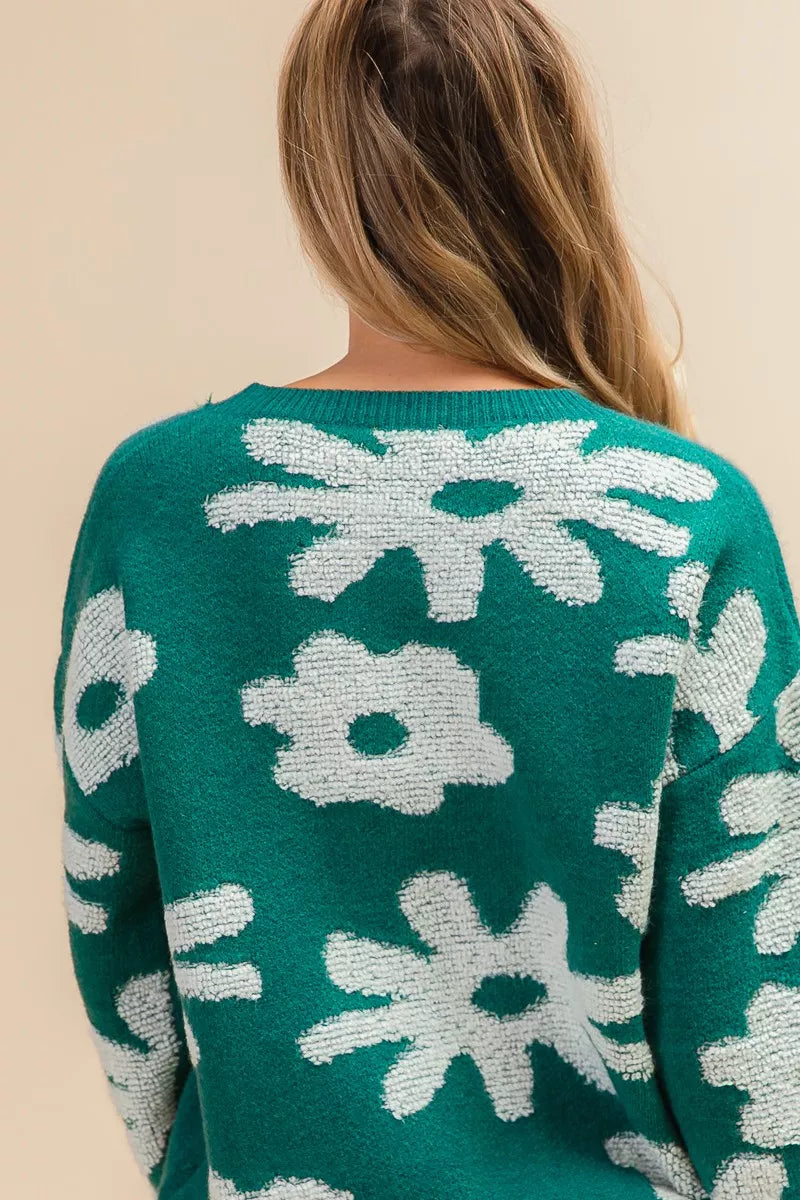 Floral Pattern Long Sleeve Sweater Top in Hunter Green view 13